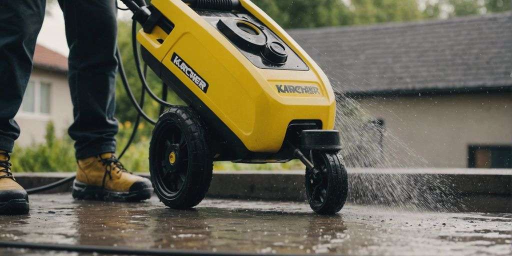 High-pressure washer cleaning a roof, water spraying, dirt removal, demonstrating karcher's effectiveness on roof cleaning.