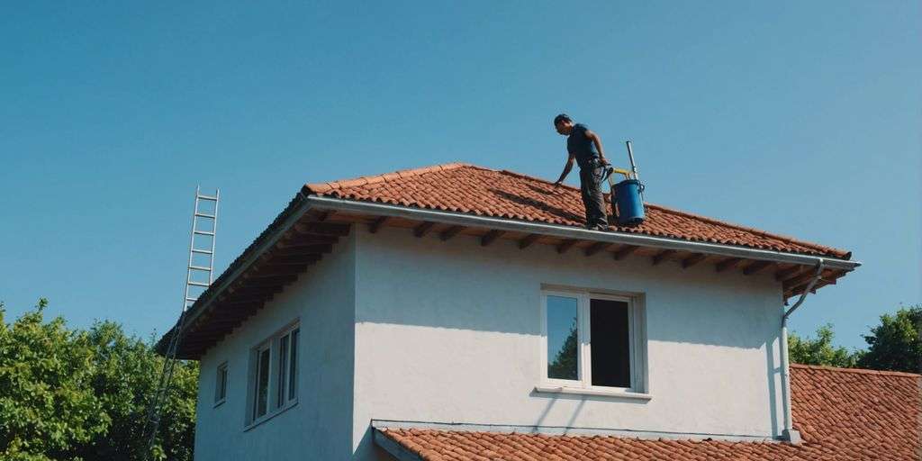 Person inspecting a clean roof of a house under a clear blue sky, emphasizing the importance of roof maintenance.